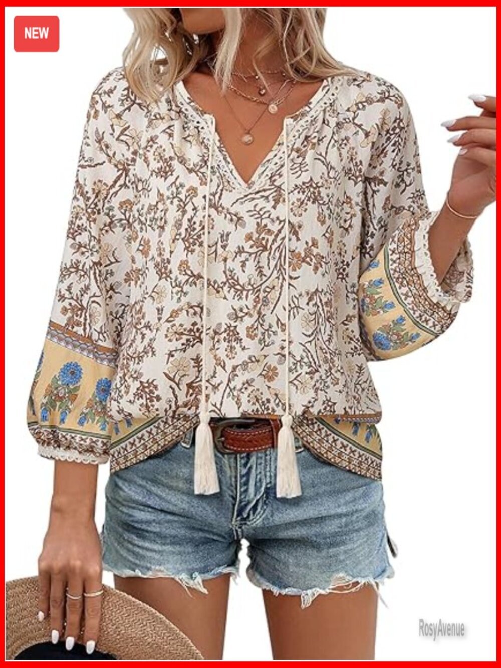 Boho Floral V-Neck 3/4 Sleeve Blouse Tie Front Flowy Vacation Top